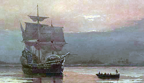 Mayflower in Plymouth Harbor," by William Halsall, 1882 at Pilgrim Hall Museum, Plymouth, Massachusetts, USA