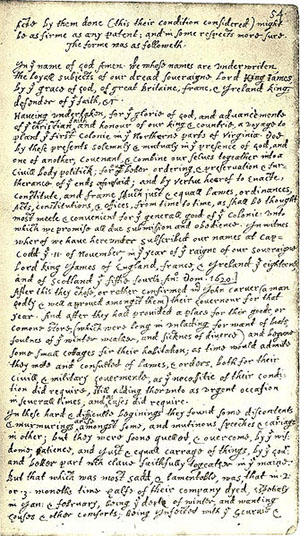 Page from William Bradford's Of Plimoth Plantation containing the text of the Mayflower Compact, created Circa 1645