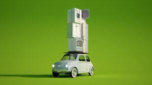 3D rendering of a Small retro car carrying a pile of home appliances on top