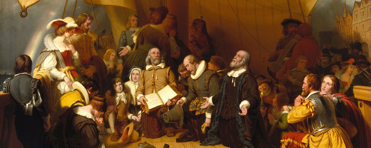 The Embarkation of the Pilgrims (1857) by American painter Robert Walter Weir at the United States Capitol in Washington, DC